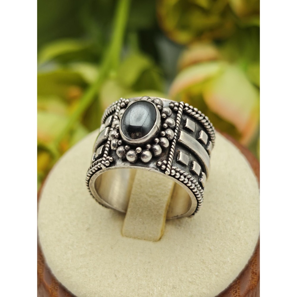 Artisan Boho Hematite Sterling Silver Ring Women Size 5 Silver Wide Band 925